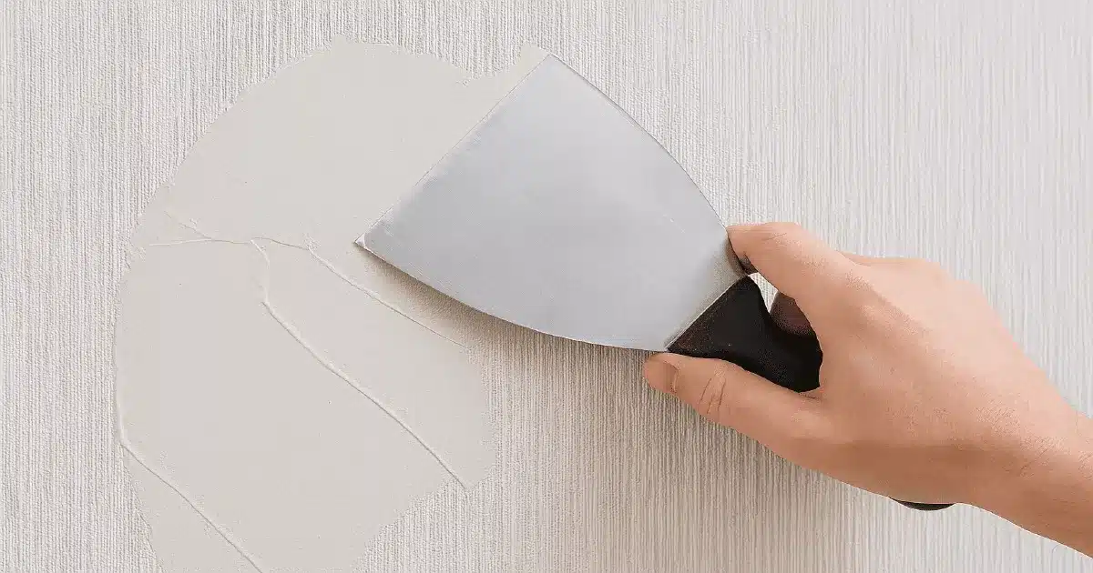 Application d’une première couche fine d’enduit sur papier peint avec un couteau à enduire, passes croisées pour uniformiser la surface avant ponçage.