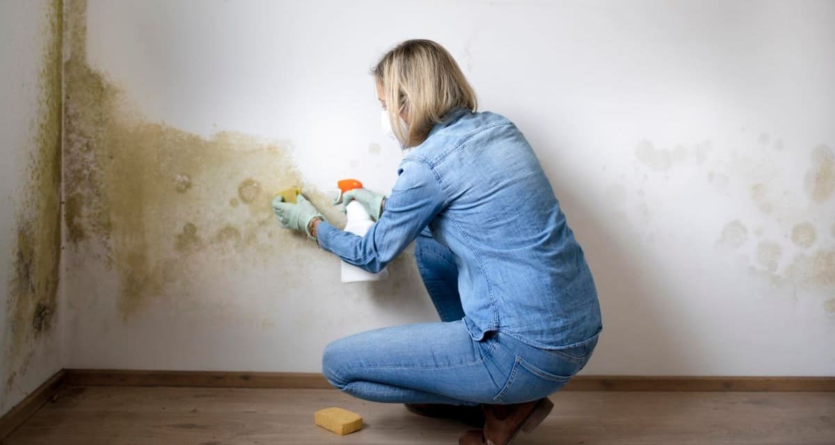 Femme accroupie équipée d'un spray et d'une éponge, nettoyant une remontée d'humidité sur un mur blanc.