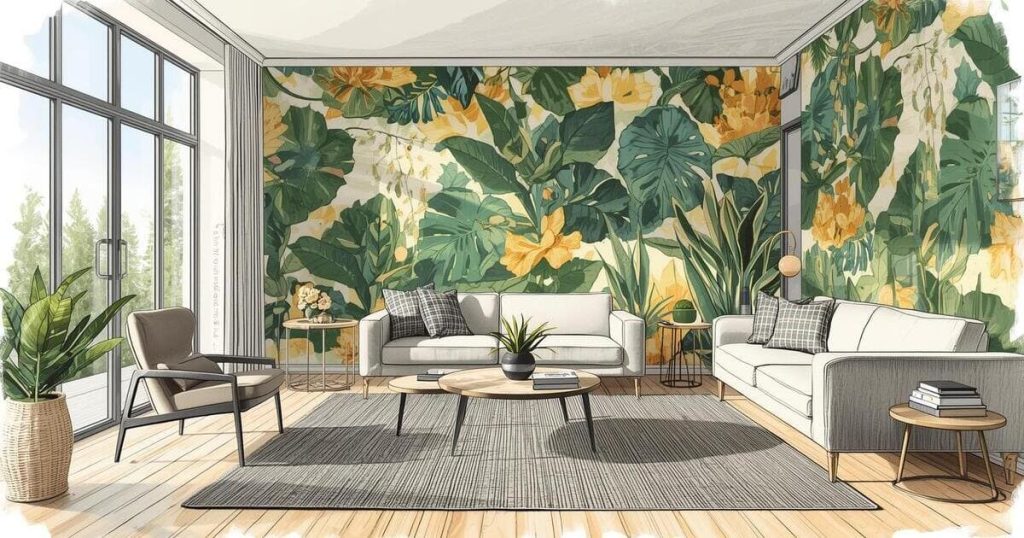 Illustration d’un salon moderne décoré avec parquet bois clair et papier peint panoramique Seguret Décoration