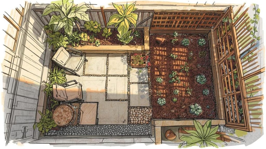 Organisation intelligente d’un petit jardin de 20m² avec coin détente, potager, et matériaux différenciés pour chaque espace.