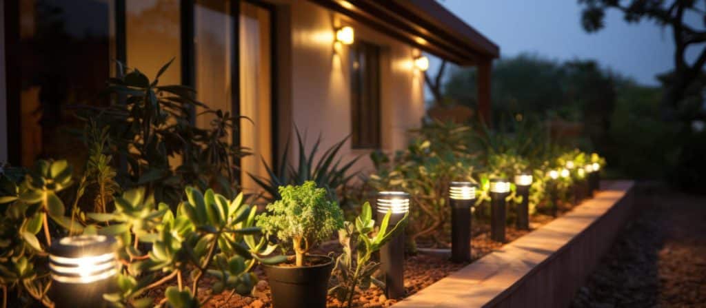 Allée de maison éclairée avec un ensemble de petites lumières de passage.