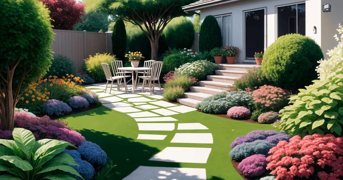 Un extérieur de jardin pavé sur une pelouse avec des massifs fleuris. Des chaises et tables sont placés devant un escalier qui mène à la porte d'entrée.