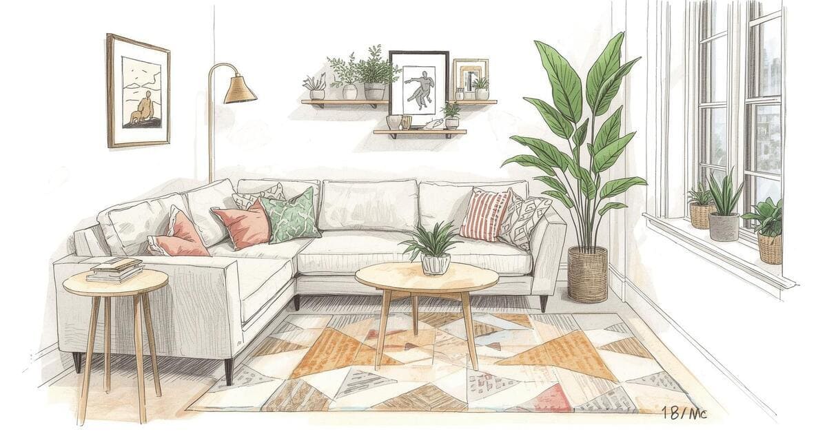 Aménagement d’un petit salon 10m2 avec canapé compact et meubles multifonctions en style scandinave.