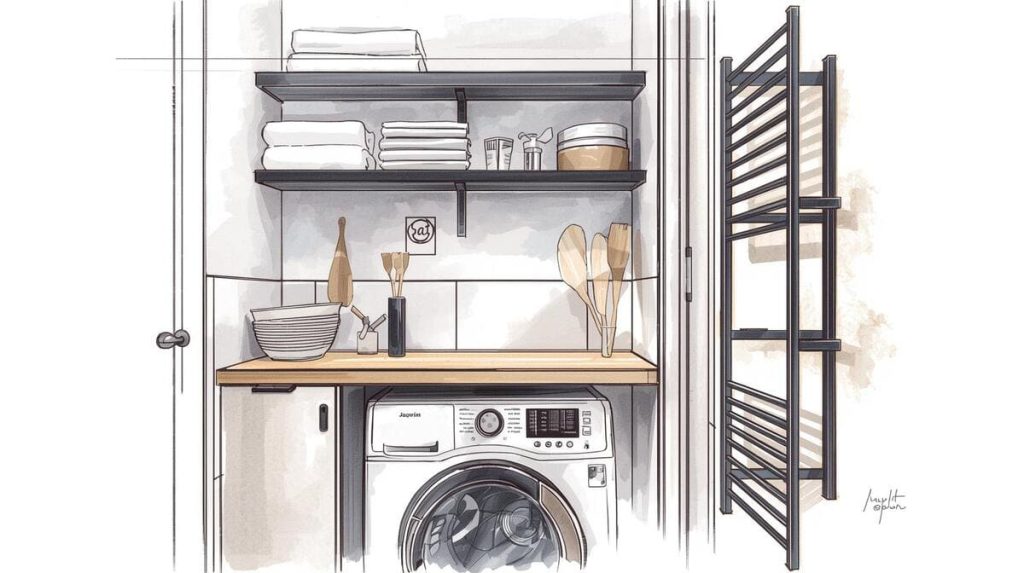 Coin buanderie optimisé dans une salle de bains de studio avec lave-linge encastré et étagères fines.