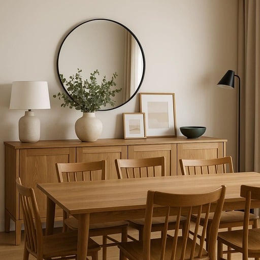 Buffet en bois clair assorti à une table de salle à manger, décoré avec miroir, vases, lampes et cadres dans une ambiance chaleureuse.