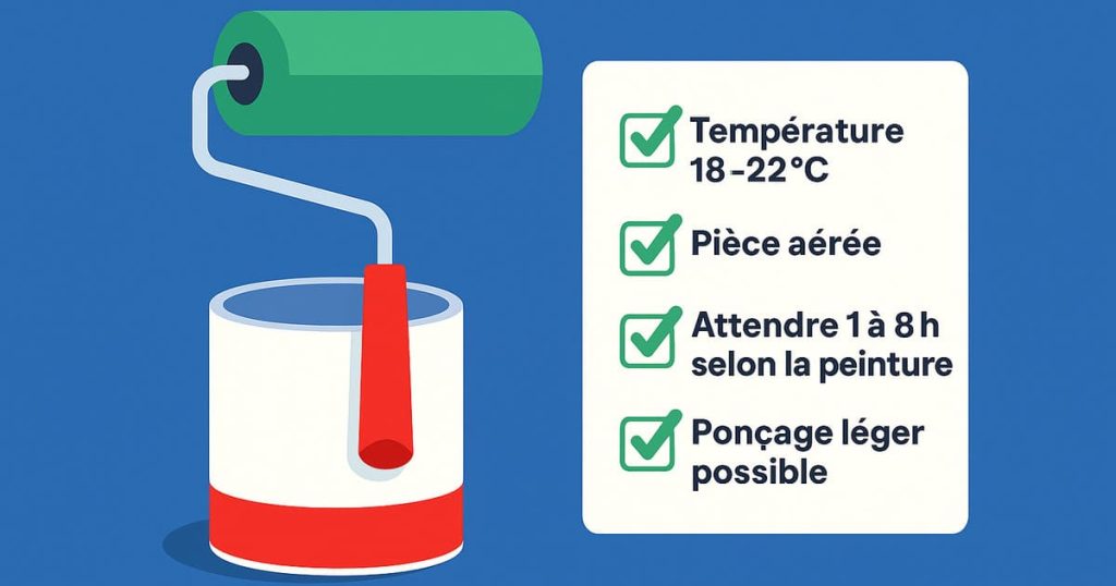 Illustration checklist peinture rappelant d’attendre 1 à 8h entre deux couches, température idéale 18-22°C, pièce aérée et ponçage léger.