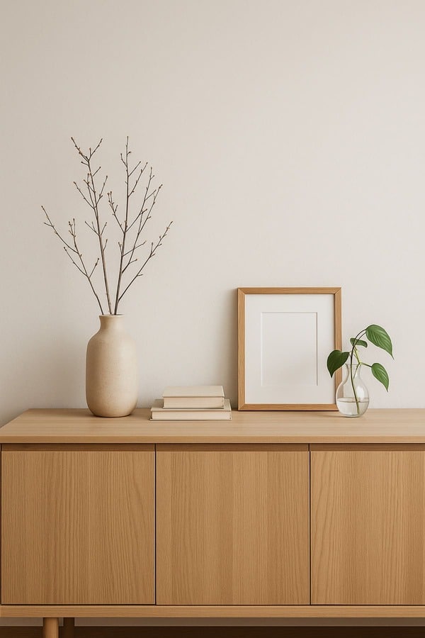 Composition déco équilibrée sur un buffet en bois clair avec vase, livres et cadre dans un style épuré et naturel.