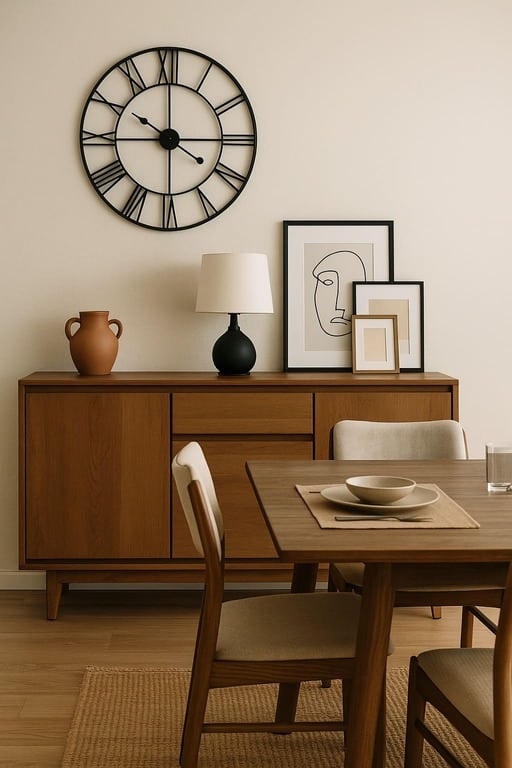 Buffet surchargé avec trois objets stylés qui viennent perturber d’équilibre visuel.