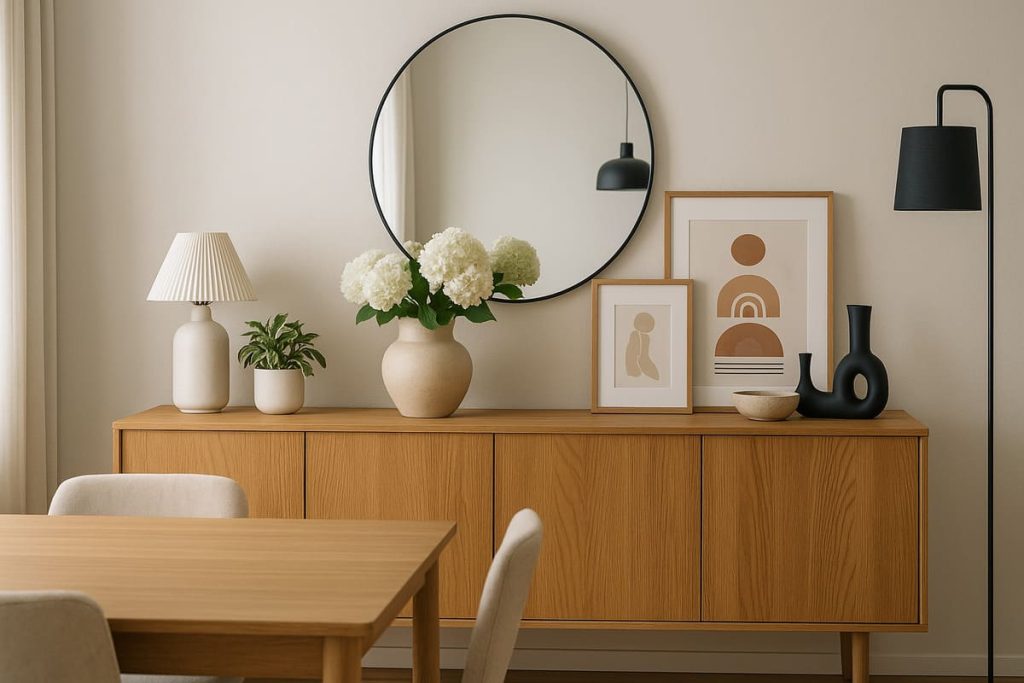 Buffet moderne avec un assemblage coloré de plantes, vases et cadres dans une salle à manger.