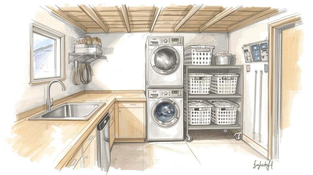 Garage transformé en buanderie pratique avec évier, colonne de machines et paniers de tri.