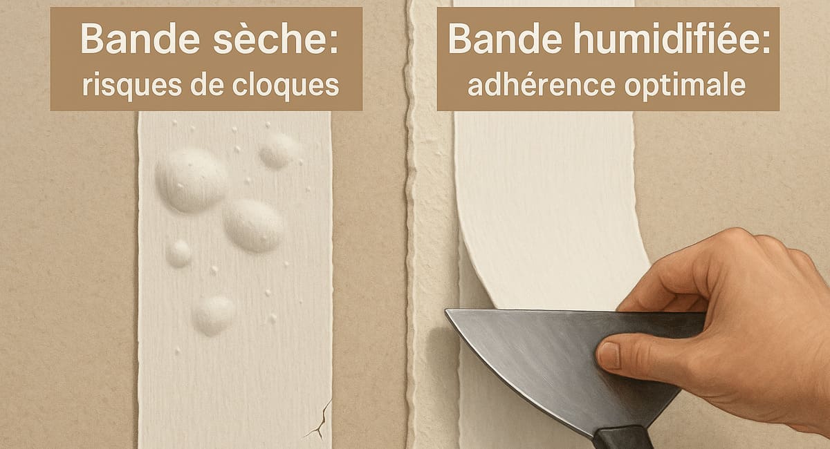 Comparaison entre une bande placo sèche avec cloques et une bande humidifiée bien marouflée sur un mur en placoplâtre