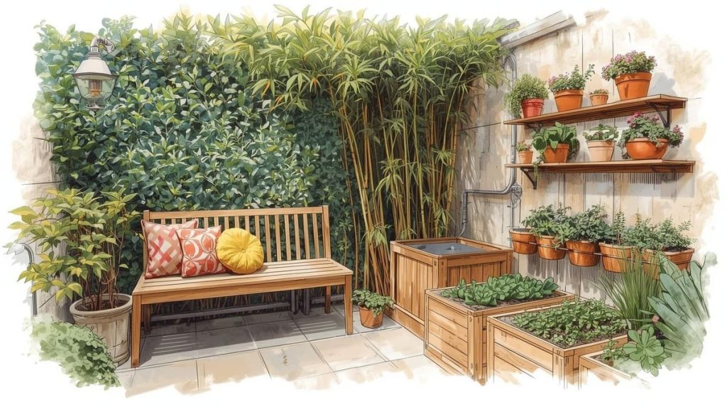 Petit jardin de ville de 20m² à Paris transformé en salon d’été avec potager urbain et aménagements astucieux.