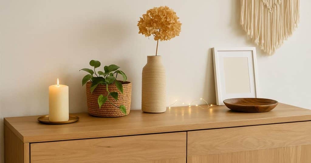 Buffet décoré avec bougie, plante, vase, guirlande lumineuse et cadre dans une ambiance bohème et chaleureuse.