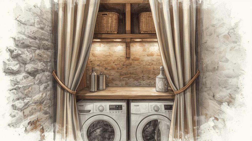 Mini buanderie dans un ancien placard avec rideau, étagères en bois et paniers coulissants.