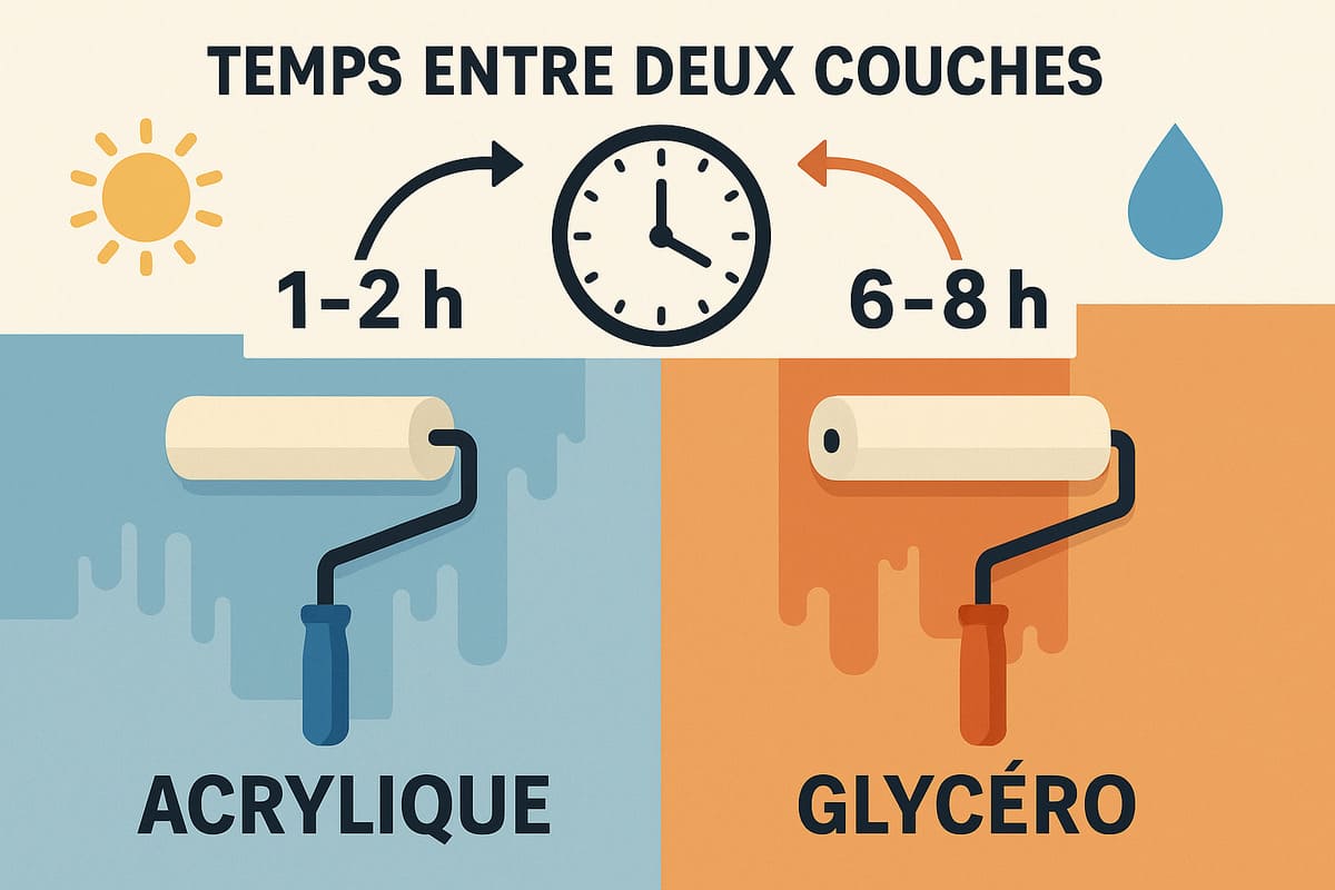 Infographie comparant le temps de séchage entre deux couches de peinture acrylique (1-2h) et glycéro (6-8h).