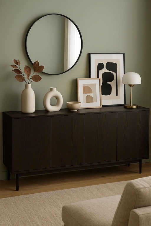 Buffet scandinave, contemporain et noir laqué décoré selon les tendances actuelles.