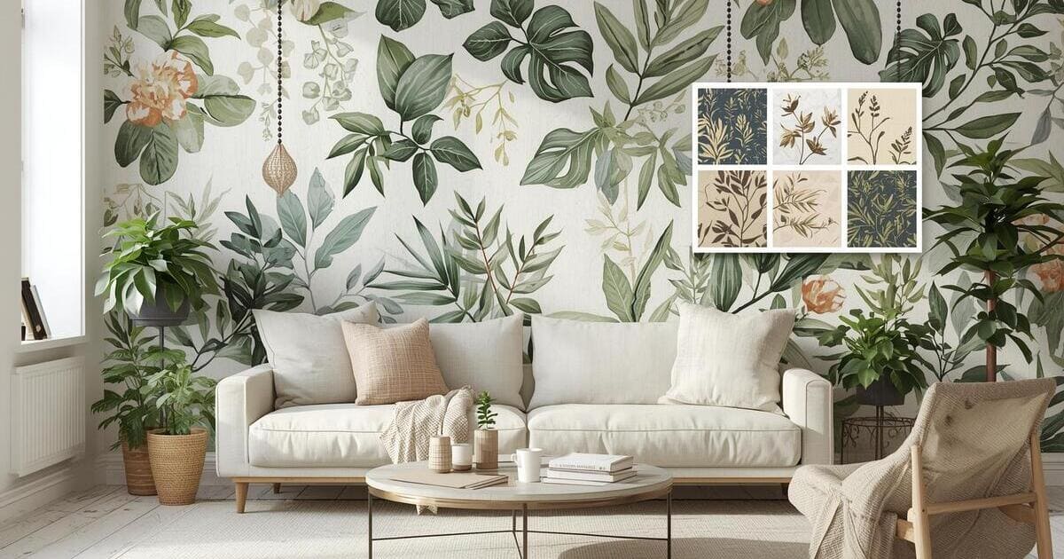 Illustration d’un intérieur moderne décoré avec un papier peint panoramique végétal, représentant l’univers mural créatif de la marque Chantemur.