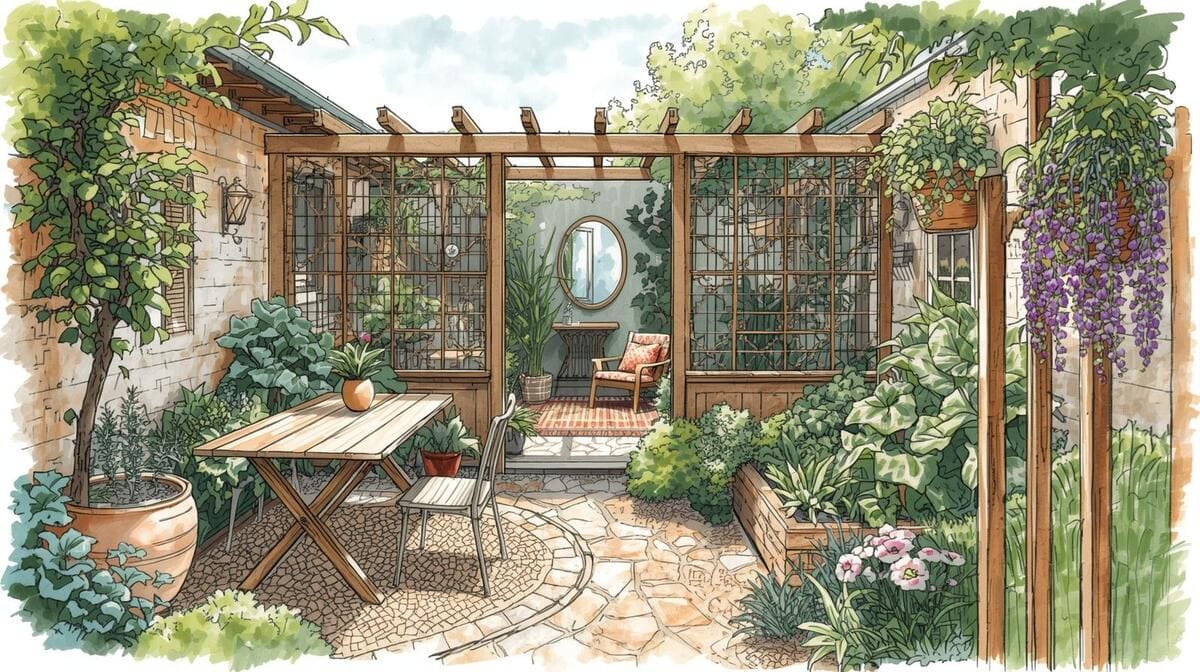 Petit jardin divisé intelligemment en zones : repas, lecture sous pergola et mini-potager, avec allée en gravier et jeux de hauteur.