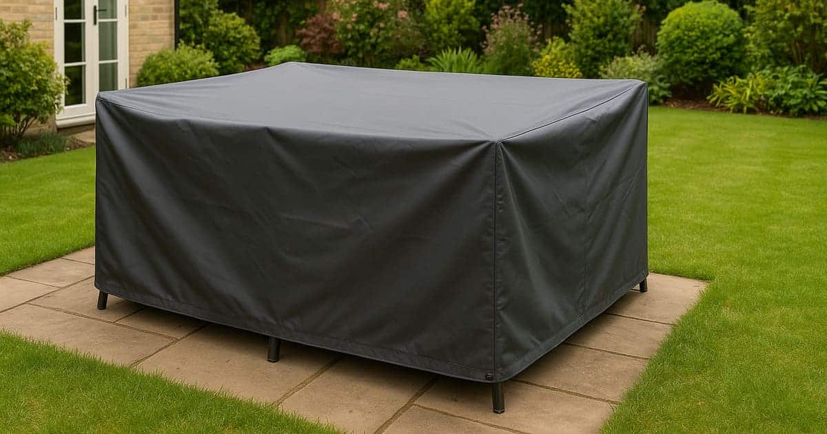 Housse de protection imperméable de couleur gris foncé recouvrant un salon de jardin sur une terrasse, dans le jardin verdoyant d’une maison avec pelouse et massifs de plantes.